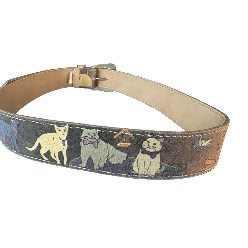 Cats Print Belt Women’s Sz M Faux Leather Made In USA Crazy Cat Lady VTG RARE